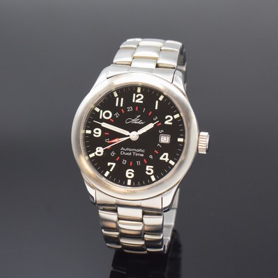 HACHER Dual Time Herrenarmbanduhr in Stahl/ Stahlband, Schweiz um 2020, Automatik, satiniertes Geh. u. Band, Boden verschr., schwarz. Zifferbl. m. ...