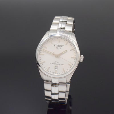 TISSOT PR100 Powermatic 80 Herrenarmbanduhr in Stahl/Stahlband, Schweiz um 2020, Automatik, beids. vergl. Geh., Boden u. Glasrand aufgedr., weisses ...