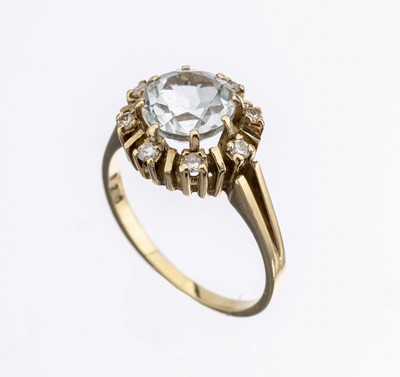 14 kt Gold Aquamarin-Brillant-Ring, GG 585/000, mittig rundfacett. Aquamarin ca. 2.10 ct, umgeben von 8 Brillanten zus. ca. 0.20 ct (grav.) ...