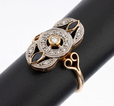 18 kt Gold Brillant-Saphir-Ring, GG/WG 750/000, 17 Brillanten zus. ca. 0.15 ct Weiß/si-p, 2 Saphir-Navettes zus. ca. 0.10 ct,ca. 4.6 g, RW 63
