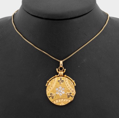18 kt Gold Diamant-Medaillon Anhänger, um 1880 GG 750/000, fein graviert und ziseliert, 7 Altschliffdiamanten zus. ca. 0.40 ct Weiß/si-p 1, rücks. ...