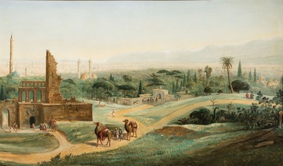 Unbekannter Orientalist Ende 19.Jh., Blick über eine arabische Stadt, wohl Konstantinopel, Silhouette mit einer Vielzahl an Kuppeln und Minaretten ...