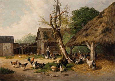 J. Batjen, Maler um 1900, Bäuerin beim Füttern des Federviehs auf dem Bauernhof, Öl/Lwd, rechts unten signiert, ca. 65x92 cm, R. ca. 85x112cm