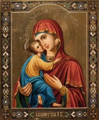 Ikone, Russland, um 1900, Gottesmutter mit Christuskind, Tempera auf Holz, goldgrundig, ca. 26x22cm