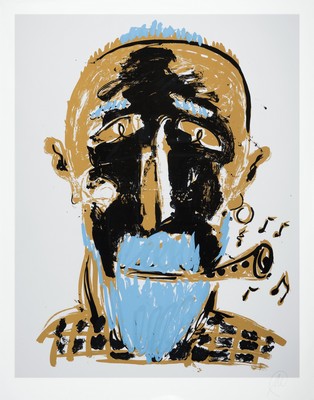 Markus Lüpertz, geb. 1941, "Selbstbildnis als Musiker", Farbserigraphie, unten rechts monogrammiert, Blatt 93x78 cm, hochwertige ...