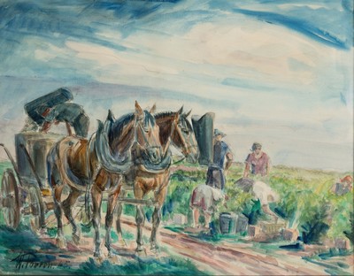 Walter Perron, 1885-1972 Frankenthal, Bei der Weinlese, Aquarell auf Papier, links unten signiert und dat. 45, ca. 49x63cm, u.Gl., R. ca. 56x69cm