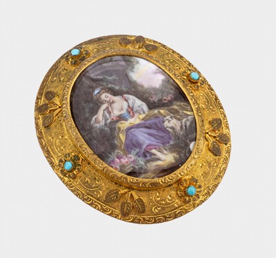 Miniaturmalerei-Brosche, wohl England um 1820, Metall vergoldet, oval, mittig Miniaturmalerei auf Perlmutt, Darstellung einer jungen Dame, Malerei ...