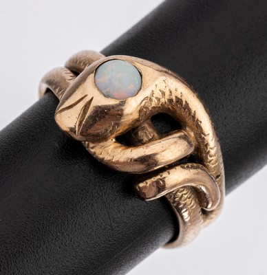 8 kt Gold Opal-Schlangenring, um 1900, GG 333/000, part. grav., kl. runder Opal- Cabochon, RW 55, ca. 5.8 g