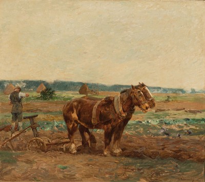 Franz Ludwig Kiederich, 1873-1950 Düsseldorf , Bauer mit Pferdegespann vor Pflug, rechtsunten signiert, Öl/Lwd, 41x47 cm, Rahmen 59x65cm