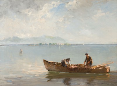 Fritz Müller-Schwaben, 1879 Mainz-1957 München, Fischer auf dem Chiemsee, mit Blick auf die Fraueninsel rechts unten signiert, Öl/Lwd, 70x97 cm, ...