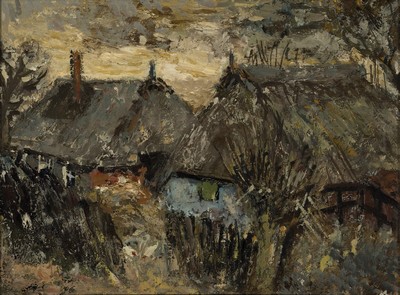 Zuschreibung: Carl Hinrichs, 1903 Nürnberg- 1990 Schwerin, Bauernhäuser in Mecklenburg, Öl/Malkarton, ca. 24x30cm, R. ca. 31x39cm