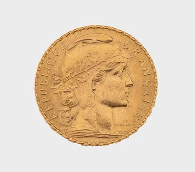 Goldmünze 20 Francs, Republique Francaise, 1907, AV: Marianne, RV: Liberte, Egalite, Fraternite, gallischer Hahn