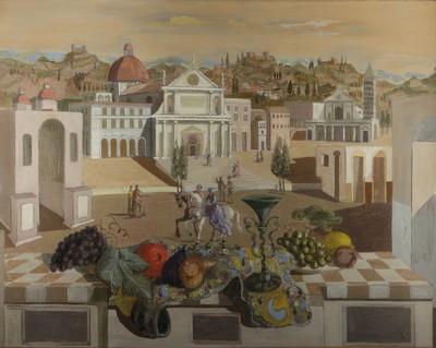 Bruno Capacci, 1906 Venedig-1996, Öl/Platte, italienische Stadtlandschaft, Souvenir aus Rom, vordergründiges Früchtestillleben, wohl 1940er-Jahre, ...
