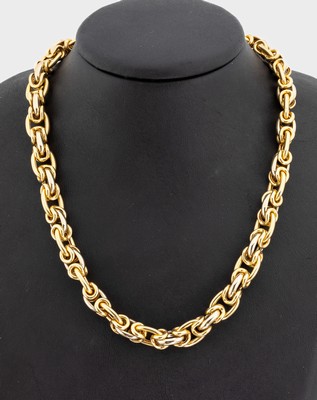 18 kt Gold Collier, GG/WG 750/000, ausgefallene Königskettenoptik, L. ca. 44 cm, gr. Federringschließe, ca. 56.4 g