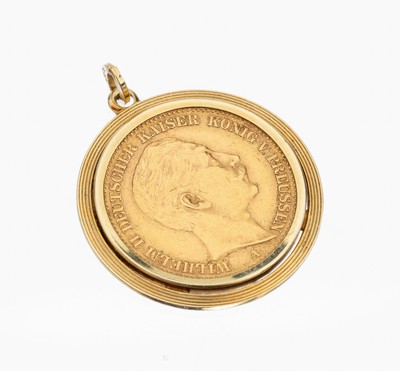 14 kt Gold Münz-Anhänger, GG 585/000, schlichte Fassung, lose gefasste Goldmünze, 20Mark, Deutsches Reich, 1907, Wilhelm II., ca. 10.6 g