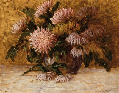 Gustav Pavlicek, datiert 1921 bzw. 1922, Paar Pendants: Blumenstillleben mit Flieder bzw. Chrysanthemen, Öl/Malkarton, beide sign. und dat., je ca. ...