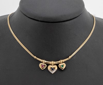 14 kt Gold Farbstein-Diamant-Collier, GG 585/000, Mittelteil mit 3 Herzabhängungen, rundfacett. Saphir, Smaragd und Rubin zus. ca.0.18 ct, 5 ...