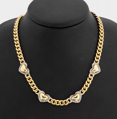 14 kt Gold Diamant-Collier, GG 585/000, 4 herzf. Glieder, 52 8/8-Diamanten zus. ca. 0.20 ct Weiß/si, L. ca. 45 cm, Karabinerschließe, ca. 32.8 g