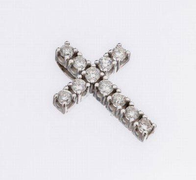14 kt Gold Brillant-Kreuzanhänger, WG 585/000, 11 Brillanten zus. ca. 0.22 ct Weiß/p, ca. 1.6 x 1.2 cm, ca. 1.1 g