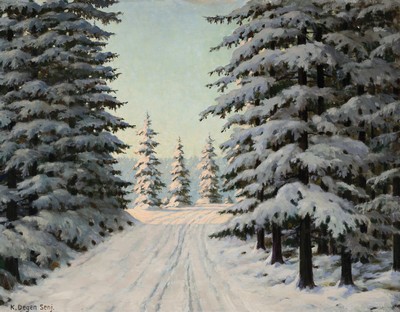Karl Degen, deutscher Künstler Anfang/Mitte 20.Jh., schwarzwälder Winterlandschaft, beschatteter Waldweg mit Blick auf eine sonnendurchflutete ...