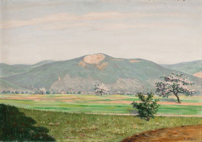 Karl Degen, deutscher Maler Anfang/Mitte 20.Jh., Blick über die Felder auf Schriesheim undden Steinbruch am Ölberg, Öl/Masonit, rechts unten ...