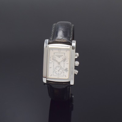 LONGINES Dolce Vita Armbandchronograph in Stahl Referenz L5.656.4, Schweiz um 2015, Quartz, rechteck. Geh., Boden 4-fach verschr., orig. Lederband m. ...