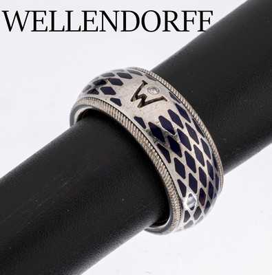 18 kt Gold WELLENDORFF Ring, WG/GG 750/000,Modell Horizont, Ringschiene drehbar, blaues Email, RW 53, ca. 17.6 g, sign., in orig. Holzetui, mit ...