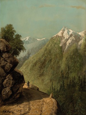 Hilgers, Künstler des ausgehenden 19.Jh., Wanderer vor Alpenpanorama, Öl/Holzplatte, links unten signiert, 34x25 cm, oppulenter Rahmen 55x46 cm