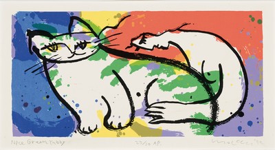 Michael Leu, geb. 1950 Taiwan, Nice green Tabby, Farblithographie von 1992, handsign., betitelt, num. 23/30 a.p., ca. 17x35cm