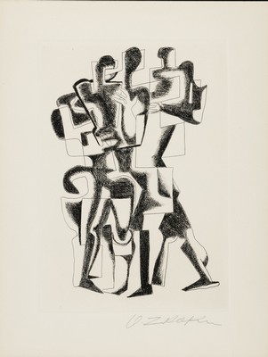 Ossip Zadkine, 1890-1967, 3 Figuren, kubistisch, Radierung, handsigniert, ca. 31x22cm, u.Gl., R. ca. 66x50cm