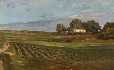 Fritz Kraul, 1862 Hamburg-1935 Kopenhagen, Weite Landschaft mit Bauerngehöft, Öl/Lwd, rechts unten signiert, ca. 30x48cm, rückseitig betitelt: ...