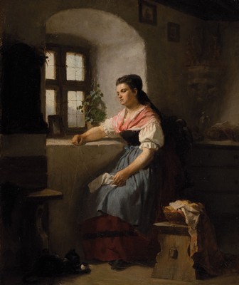 Zuschreibung: Rudolf Epp, 1834 Eberbach am Neckar-1910 München, Junge Frau am Fenster, das Strickzeug in der Hand, zu Ihren Füßen eine Katze mit ...
