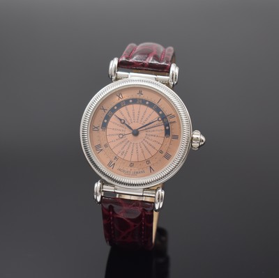JAQUES LEMANS Herrenarmbanduhr Worldtimer Referenz 605, Automatik, Schweiz um 1995, weiss-verg. Metallgeh. inkl. orig. Lederband m.orig. Dornschl., ...