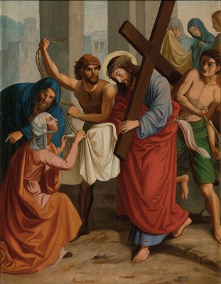 Unbekannter Künstler des 19. Jh., 3 Bilder aus dem Kreuzweg, Christi, Öl/Lwd, je ca. 68x54cm, R. ca, 80x65cm, Rahmen besch.