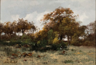 Leon Richet, 1847 Solesmes-1907 Fontainebleau, Baumbestandene Landschaft bei Fontainebleau, Öl/Mahagoni, ca. 23.5x34cm, R. ca. 38x49cm
