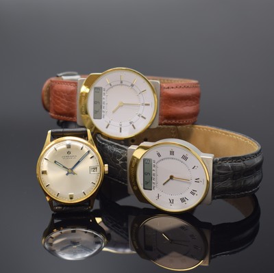 Konvolut: 3 Junghans Armbanduhren, 1 x Handaufzug, 2 x Serie Mega, Deutschland 1970er/90er Jahre, 1 x vergoldet, Edelstahlboden aufgedr., 17 St., ...