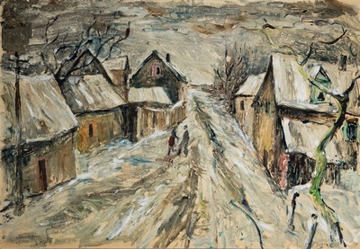 Paul Löffler, 1938-1995 Mannheim, Winterliche Landschaft mit verschneiter Dorfstraße, Öl/Hartfaser unter Einbeziehen des Plattenuntergrundes, ...