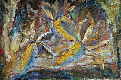 Paul Löffler, 1938-1995 Mannheim, Stillleben mit Maiskolben, Öl/Lwd, expressiver Pinselduktus, rechts unten signiert, ca. 60x90cm