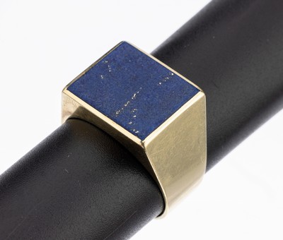 14 kt Gold Siegelring, GG 585/000, freie Lapislazuliplatte, RW 64, ca. 8.9 g