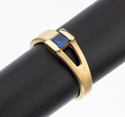 14 kt Gold Ring, GG 585/000, blauer facett.Glasstein, RW 58, ca. 4.4 g