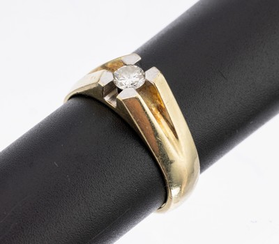 14 kt Gold Brillant-Ring, GG 585/000, qualitätvolle Verarbeitung, Brillant ca. 0.35 ct (grav.) l.get.Weiß/p, RW 64, ca. 9.6 g