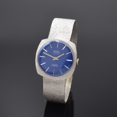 ROXY Armbanduhr in WG 750/000, Schweiz um 1970, Handaufzug, Boden aufgedr., blaues strukt. Zifferbl. m. silb. Std.-Ind., silb. Zeiger, Kal. AS ...