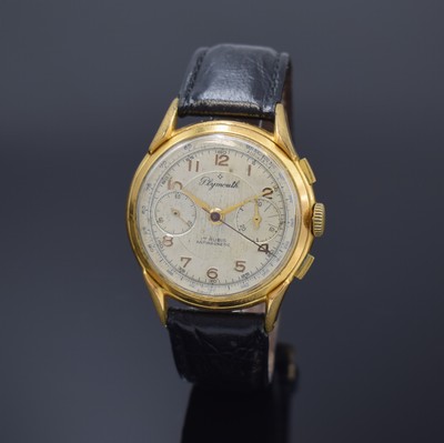 PLYMOUTH Armbandchronograph, Schweiz um 1950, Handaufzug, verg. Geh., Edelstahlboden aufgedr., silb. Zifferbl. altersbed. fl., gold. arab. Zahlen, ...