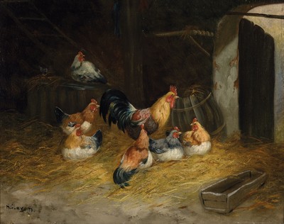 sign. H. Clavon, Maler des ausgehenden 19. Jh., Hahn und Hühner im Stall, Öl/Lwd, rest., links unten signiert, ca. 40x50cm, R. ca. 63x73cm, ...