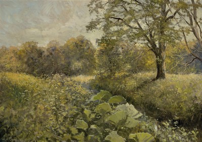 Karl August Wolff, geb. 1938 Ludwigshafen, Sommerliche Landschaft mit Wiesen und Bachlauf, Öl/Lwd, links unten sign. und dat. 90, ca. 70x100cm, R.