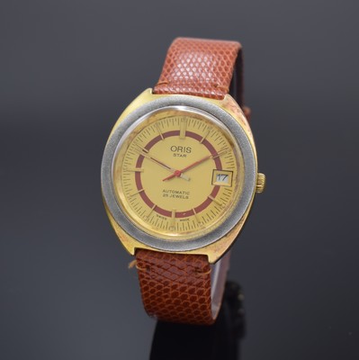 ORIS Star vergoldete Herrenarmbanduhr, Schweiz um 1970, Automatik, Stahlboden verschr., gold. Zifferbl. m. gold. Std.-Ind., gold. Leuchtzeiger, Datum ...