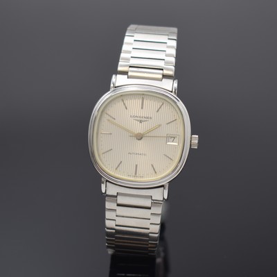 LONGINES verchromte Armbanduhr, Schweiz um 2000, Automatik, orig. Gliederband m. Faltschl., Stahlboden verschr., silb. Zifferbl. m. Streifendekor, ...