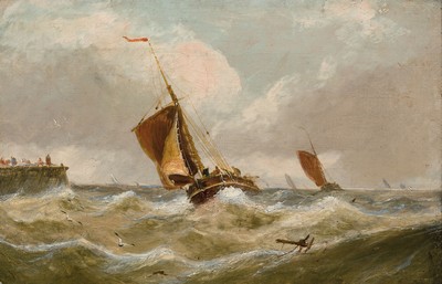 Zuschreibung: John Callow, 1822-1878 London, Seestück, Segelboot in stürmischer See vor Hafenmole, unsigniert, Öl/Lwd, 21x30 cm, Rahmen 30x40 cm