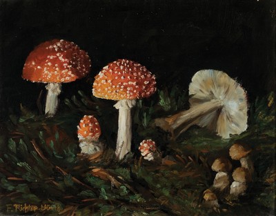 Fritz Richter-Münch, süddeutscher Maler des ausgehenden 19./frühen 20.Jh., Pilz -Stillleben, Waldinterieur Fliegenpilzen, links unten signiert, ...