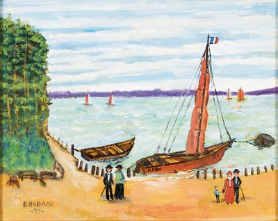 Boris Pavlov, 1928-2005, Öl/Holz, Titel: Morgen am See im Rhondelta. Warten auf den Skipper., sign., dat. 73, verso beschriftet und ...